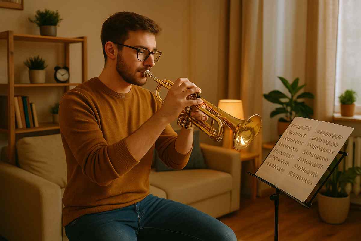 élÚve trompettiste jouant de la trompette chez lui