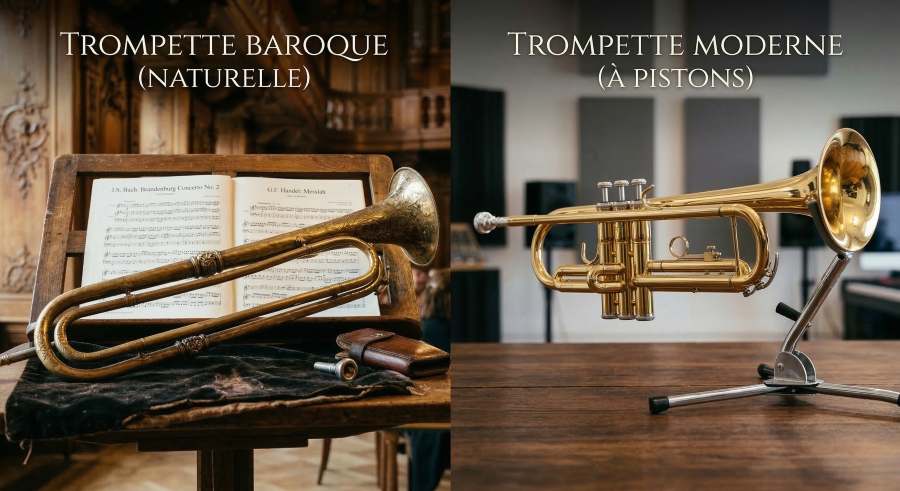 Trompette baroque naturelle et trompette moderne à pistons côte à côte