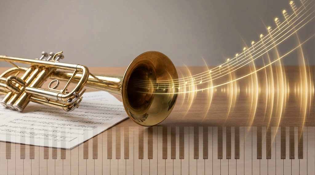 Illustration des ondes sonores et des harmoniques naturelles sortant d'une trompette