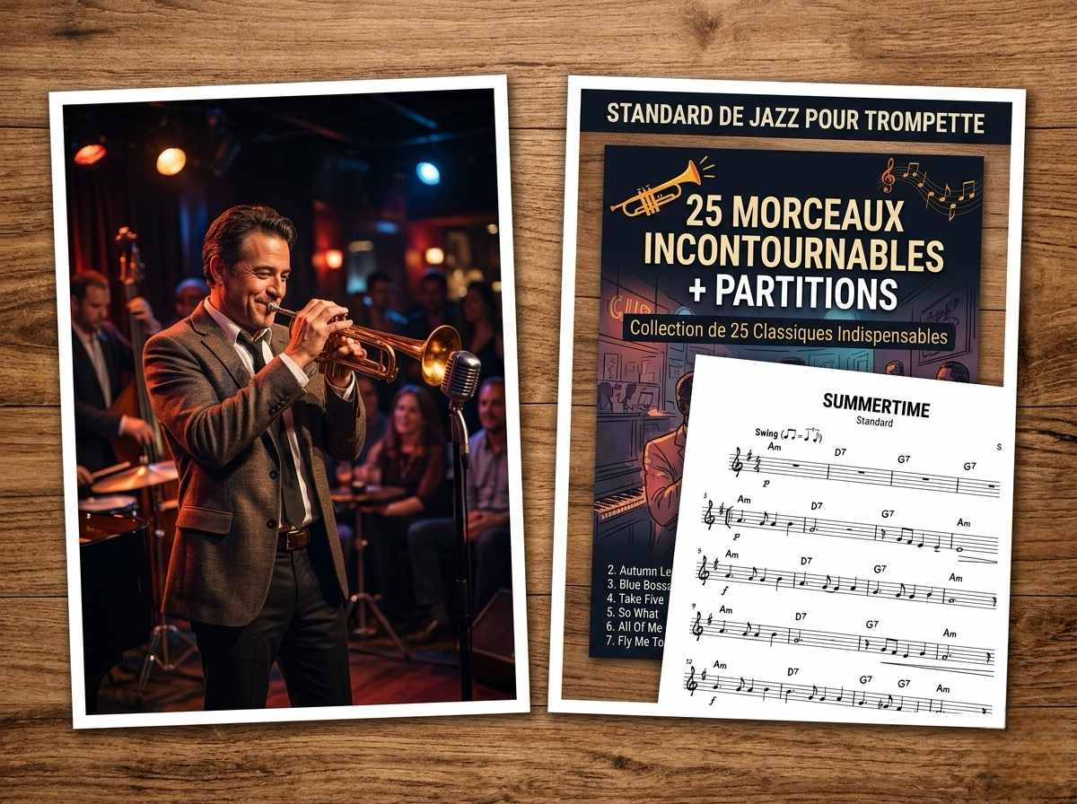 Les 25 standards de jazz que TOUT trompettiste doit maîtriser » 📌 Description : Découvrez le guide complet avec partitions, play-along et méthode