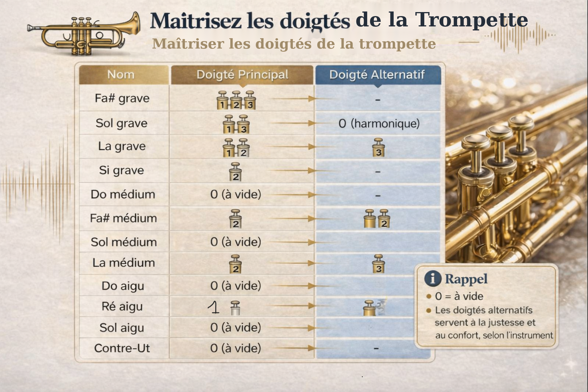 les doigtés et les pistons de la trompette