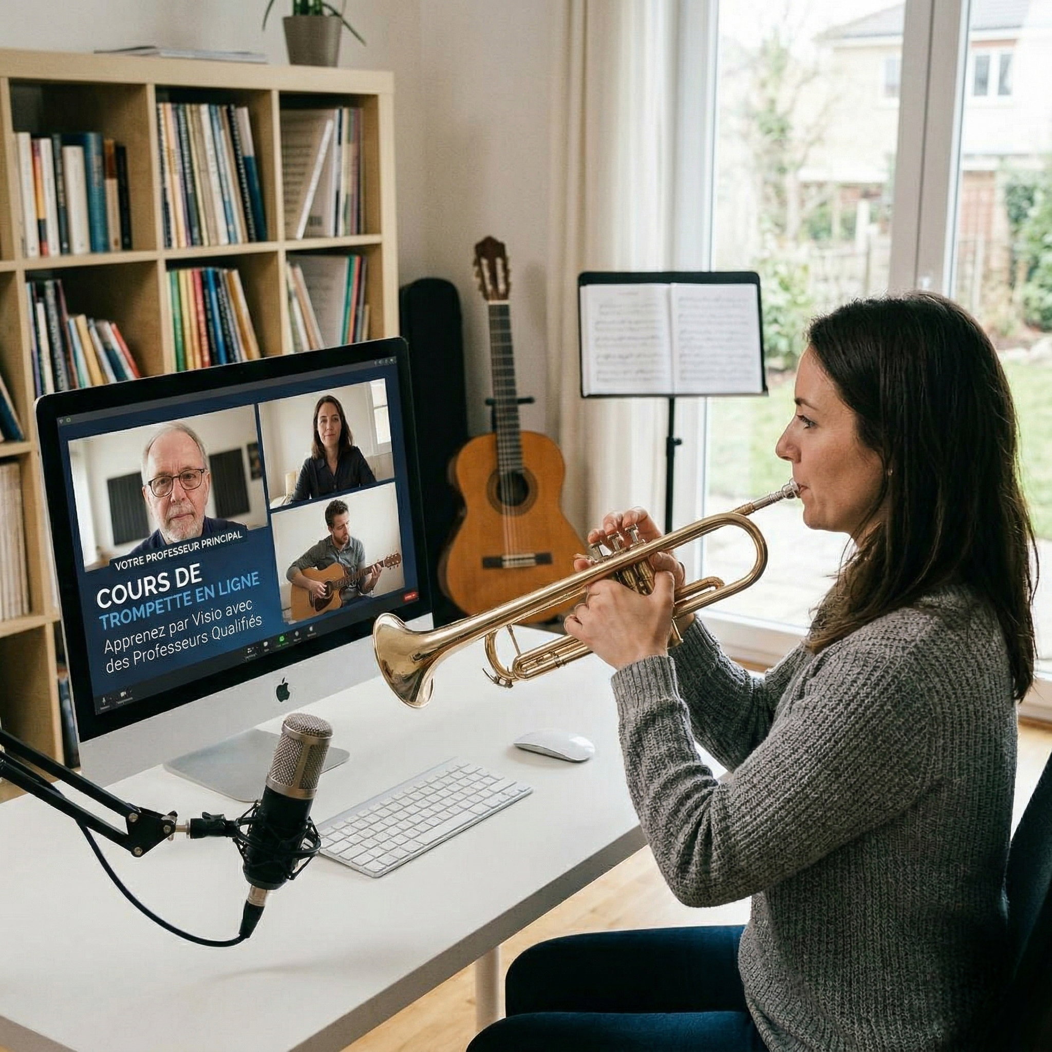 Professeur de trompette donnant un cours en direct par visio