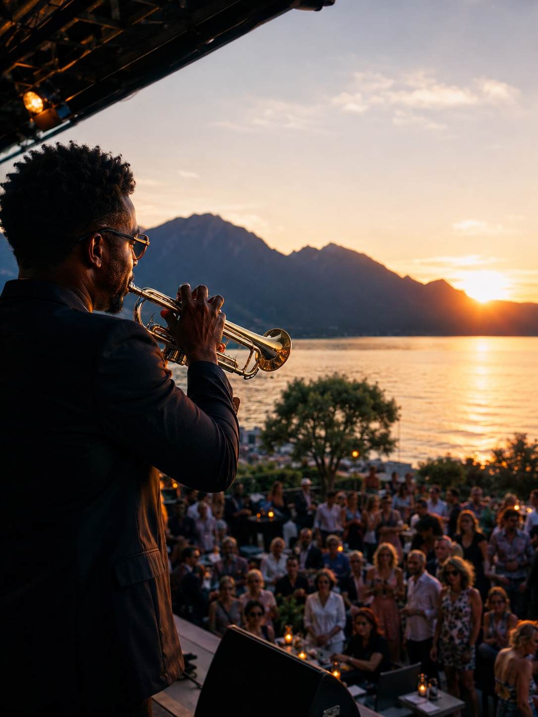 Public d'un festival de jazz au coucher du soleil devant une scène éclairée